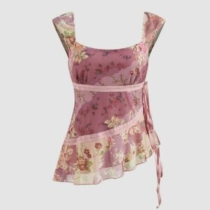 NEW Cider Mesh U-Neckline Floral Ruffle Trim Knotted Tank Top blouse